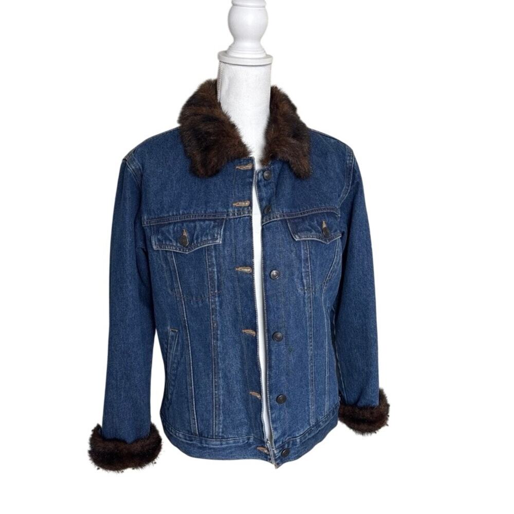 Vintage FU DA‎ Denim Jacket Fur Collar Quilted Lined 90s Y2K M